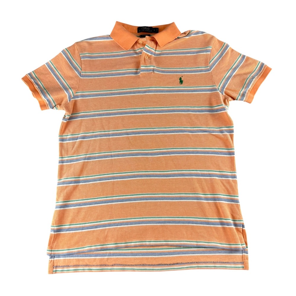 Polo Ralph Lauren Mens Large Custom Fit Orange Striped Short Sleeve Polo Shirt